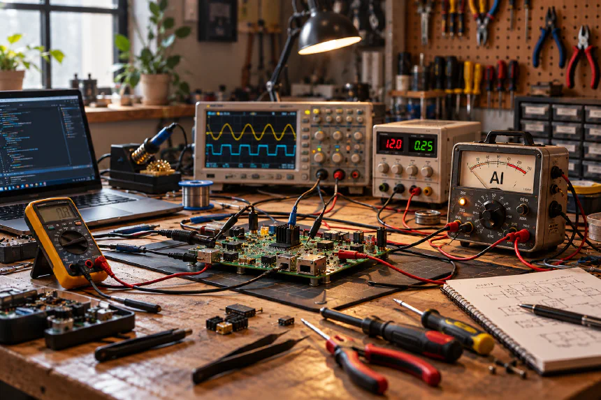 Elektronik-Werkbank mit Oszilloskop, Netzteil, Multimeter und einem Messgerät mit der Aufschrift AI.