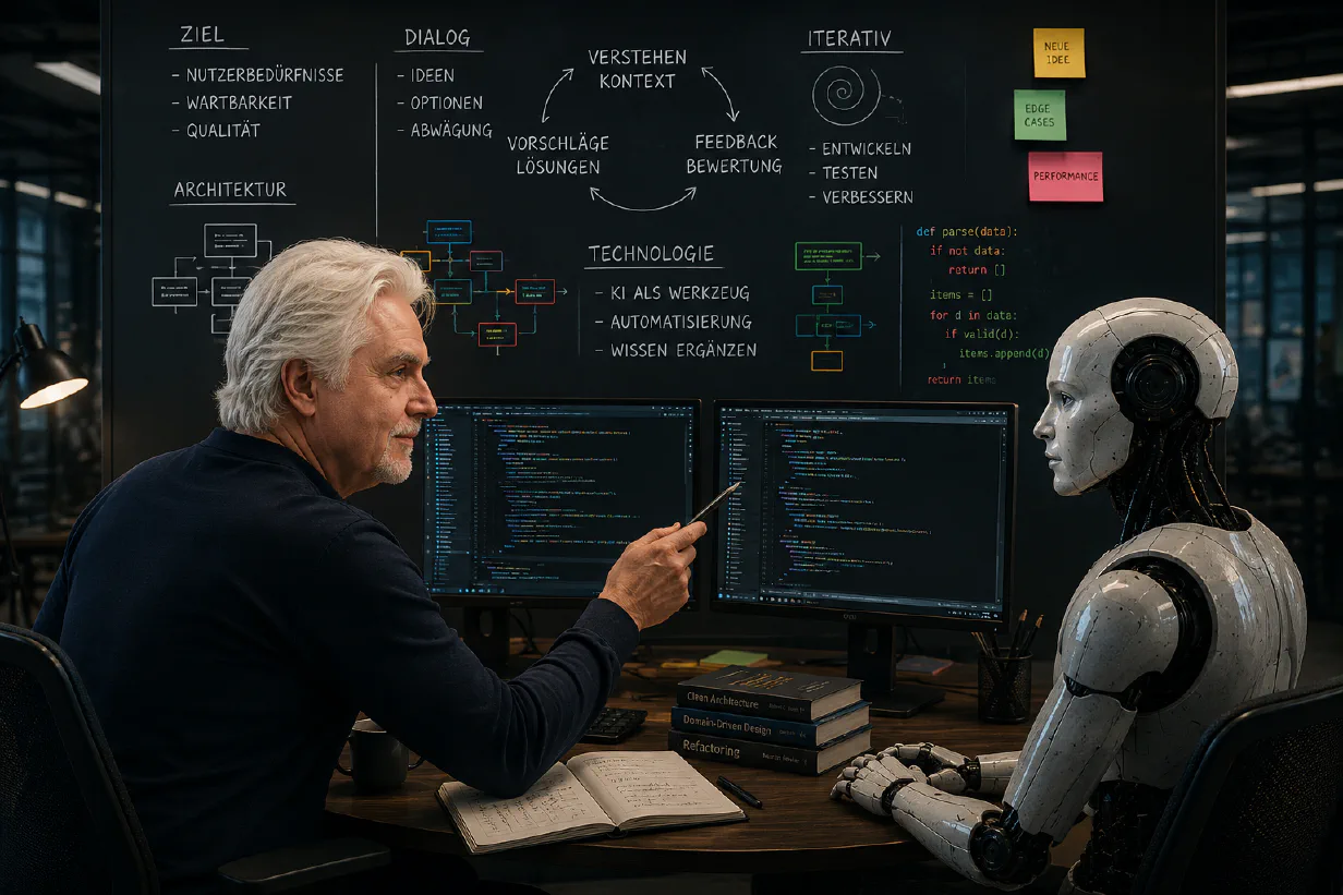 Der Autor am Schreibtisch, zeigt mit einem Stift auf Code auf zwei Monitoren und sieht dabei einen Roboter an, der mit den Händen auf dem Tisch danebensitzt.
