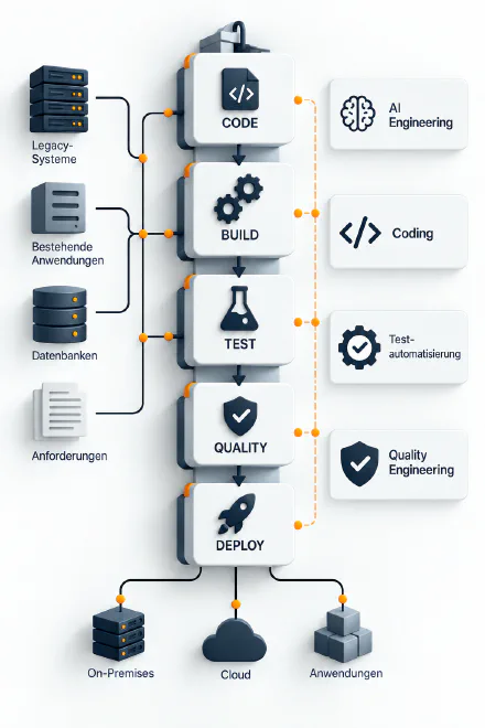 Ablauf von Code über Build, Test und Quality bis Deploy, gespeist aus Legacy-Systemen, bestehenden Anwendungen, Datenbanken und Anforderungen, begleitet von AI Engineering, Coding, Testautomatisierung und Quality Engineering